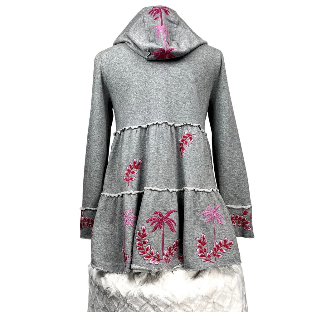 Johnny Was 3 Tier Gray Embroidered Women's Hooded Fleece Zip Jacket Size Large - Picture 2 of 7